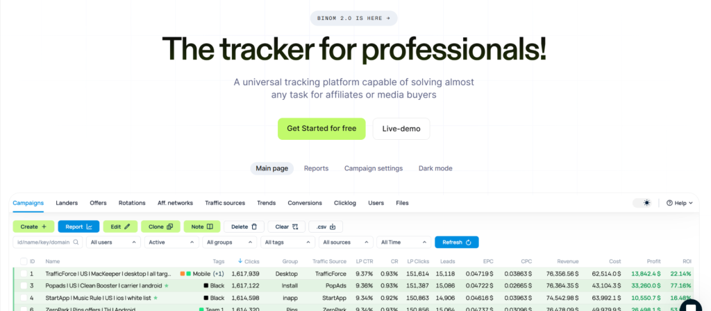 BINOM
The tracker for professionals!
A universal tracking platform capable of solving almost any task for affiliates or media buyers